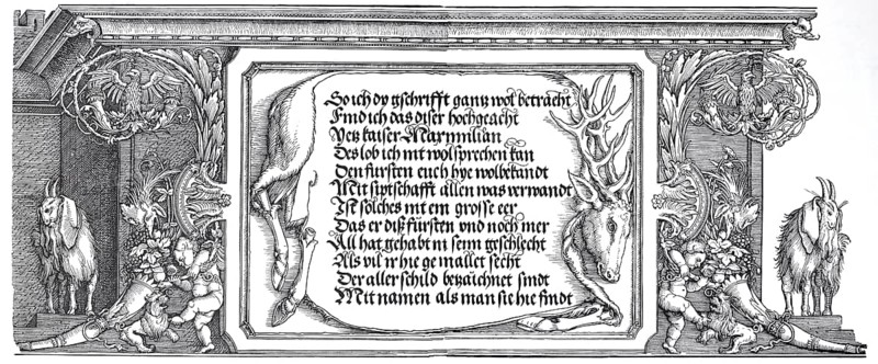 The triumphal arch for the emperor Maximilian, inscription tablet with the deer's skin, woodcut by Albrecht Dürer, historical, digitally improved reproduction of an old woodcut, The triumphal arch for the emperor Maximilian, inscription tablet with the deer's skin, woodcut by Albrecht Dürer, historical, digitally improved reproduction of an old woodcut