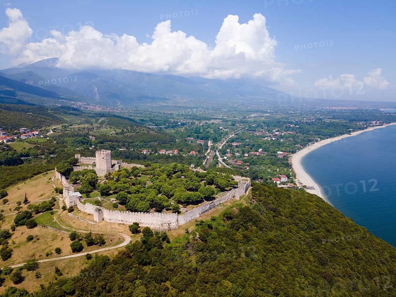 Aerial view, Castle of Platamonas and Olympus, Platamonas, Anatolikos Olymbos, Dion-Olymbos, Pieria, Central Macedonia, Greece, Europe