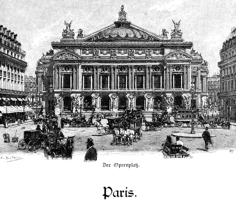 Opéra Garnier or Palais Garnier, Opera Square, Paris, architect Charles Garnier, architecture, neo-baroque, magnificent building, front, figures, horse-drawn carriages, many people, transport, traffic, France, historical illustration c. 1898, Europe