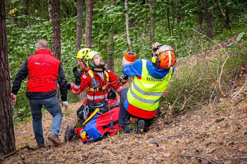 Winch rescue training of the rescue helicopter, Christoph 62, on the occasion of the 50th anniversary of the DRF Luftrettung. The rescue of casualties in the Elbe Sandstone Mountains will be practised