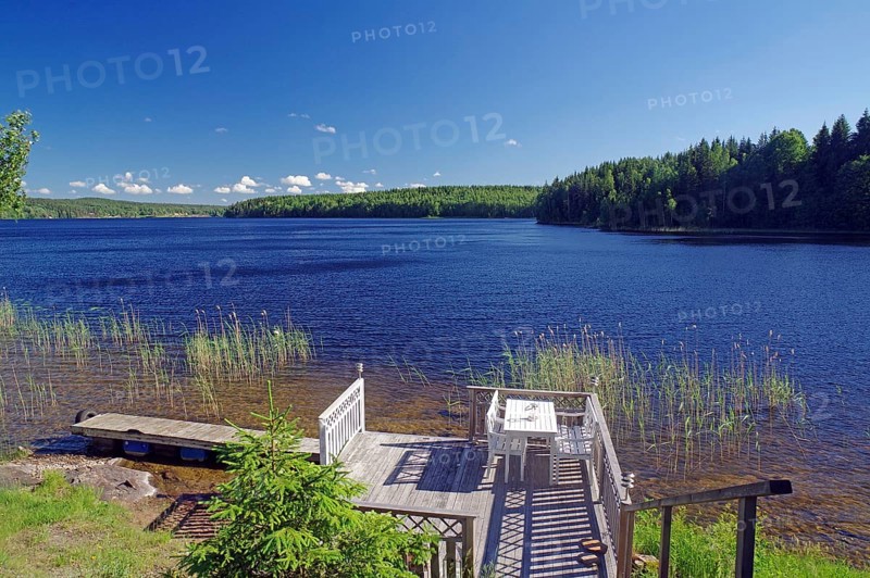 Idyllic white bench by a lake, bathing opportunity, Dalsland Canal, Bengtfors, Dalsland, Västra Götaland, Sweden, Europe