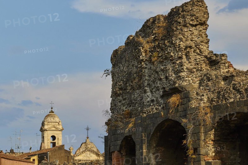 Church tower, part of an ancient wall, amphitheatre, old town, Catania, east coast, Sicily, Italy, Europe