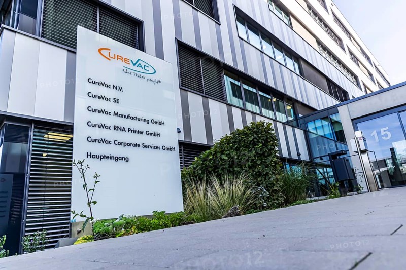 Curevac headquarters with logo, the biopharmaceutical company specialises in the research and development of drugs based on the messenger molecule mRNA, Tübingen, Baden-Württemberg, Germany, Europe
