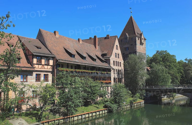 In the old town centre of Nuremberg, houses on the island of Schütt, Pegnitzinseln, Middle Franconia, Bavaria, Germany, Europe