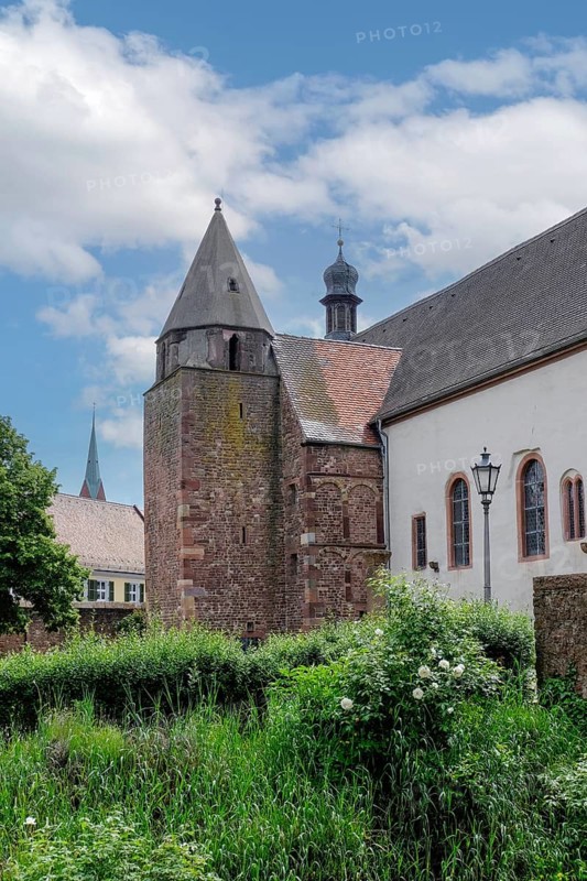 Romanesque bell tower, St Sebastian's Chapel, old town centre of Ladenburg, Baden-Württemberg, town fortifications, Germany, Europe