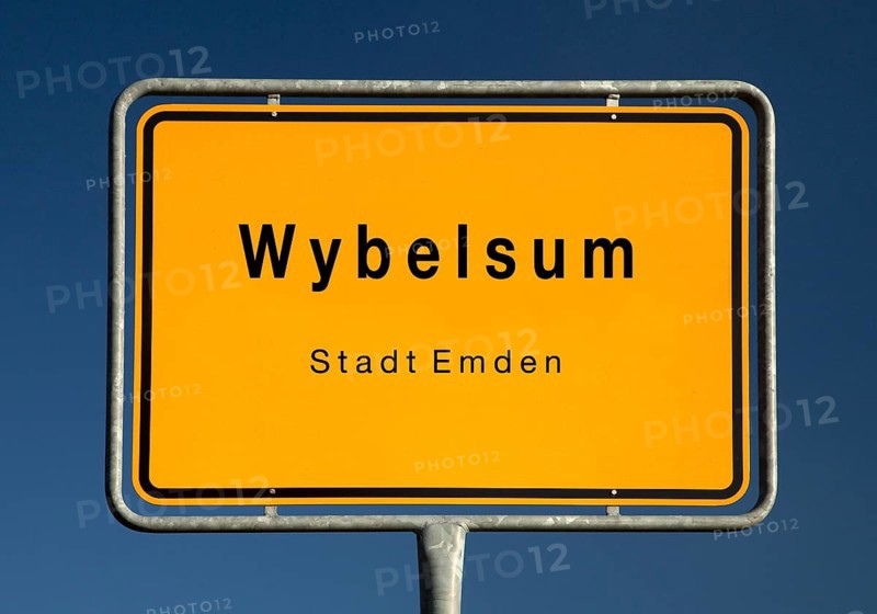 Town sign for Wybelsum, a district of Emden, East Frisia, Lower Saxony, Germany, Europe