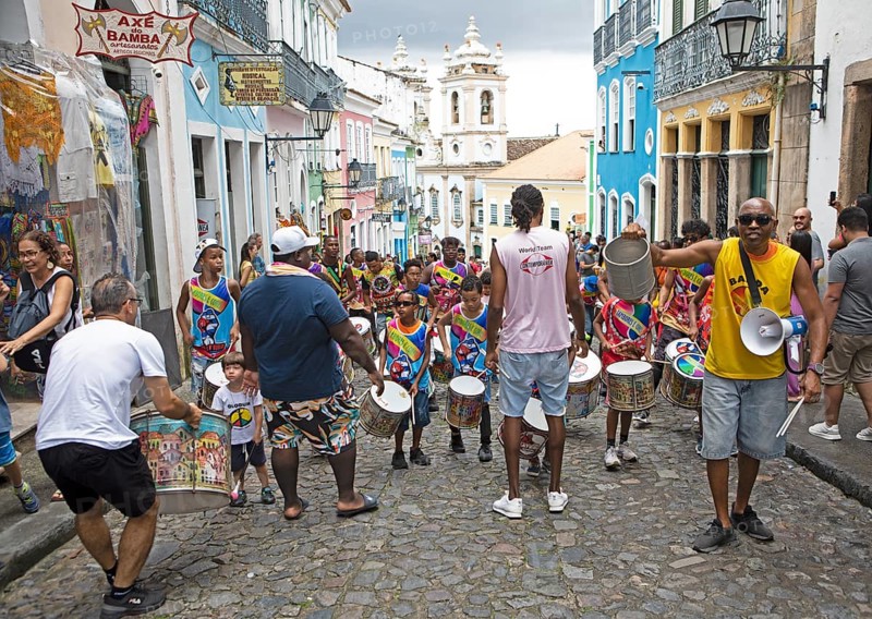 Traditional drumming group in the historic old town, Salvador, State of Bahia, Brazil, South America