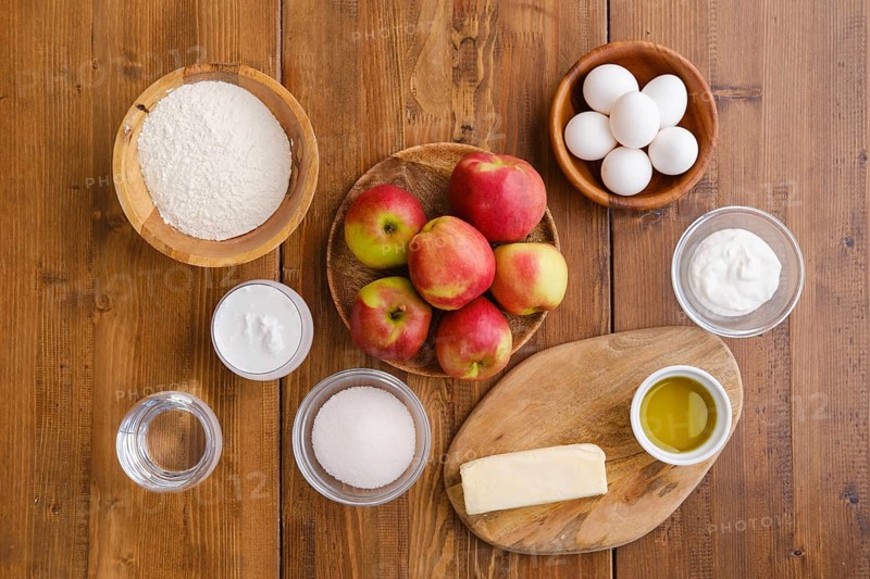 Top view of ingredients for apple pancakes on a table