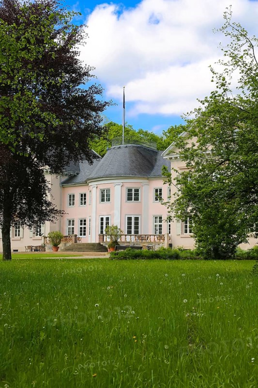 Villa Eugenia, named after Princess Eugenie von Hohenzollern-Hechingen, Princess of Leuchtenberg, the last residence of the Princes of Hohenzollern-Hechingen, classicist centre building built from 1786 to 1787 by Prince Joseph Wilhelm as a summer pleasure garden house, flagpole, steps, park, meadow, trees, historic building, Hechingen, Zollernalbkreis, Baden-Württemberg, Germany, Europe