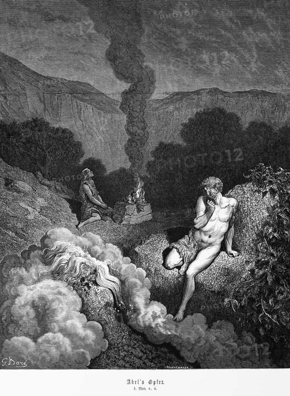 Bible, Abel's sacrifice, Genesis 4, Moses, Old Testament, mountain landscape, brothers Cain and Abel, firstlings, sacrificing lambs, fire, smoke, historical illustration 1885