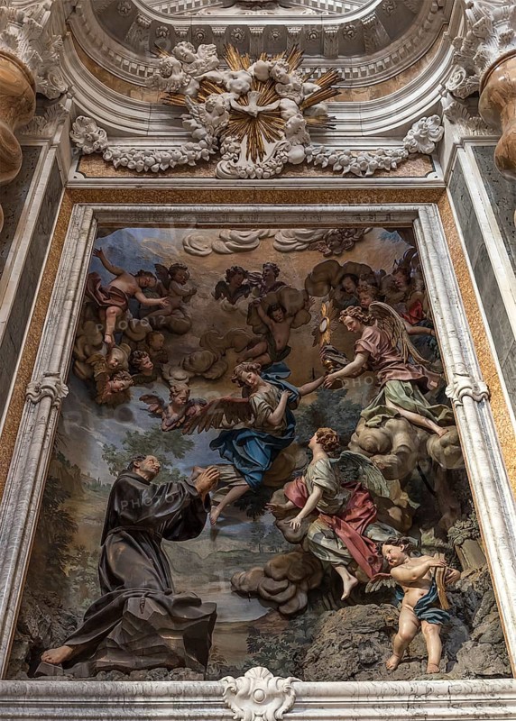 Sculptural group by the Spanish painter San Pasquale Baylon. San Pasquale Baylon, 1540-1592, in the side altar in the Basilica della Santissima Annunziata del Vastato, Piazza della Nunziata, 4, Genoa. Italy