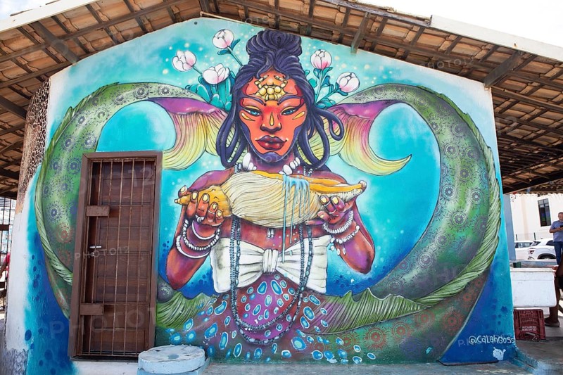 Mural at the Casa do Peso dos Pescadores or Fishermen's Weigh House, Rio Vermelho fishing area, Salvador, Bahia State, Brazil, South America