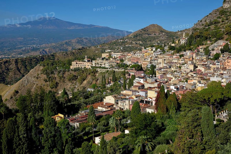 View over Taormina to the volcano Etna, Taormina, province Messina, Sicily, Italy, Europe