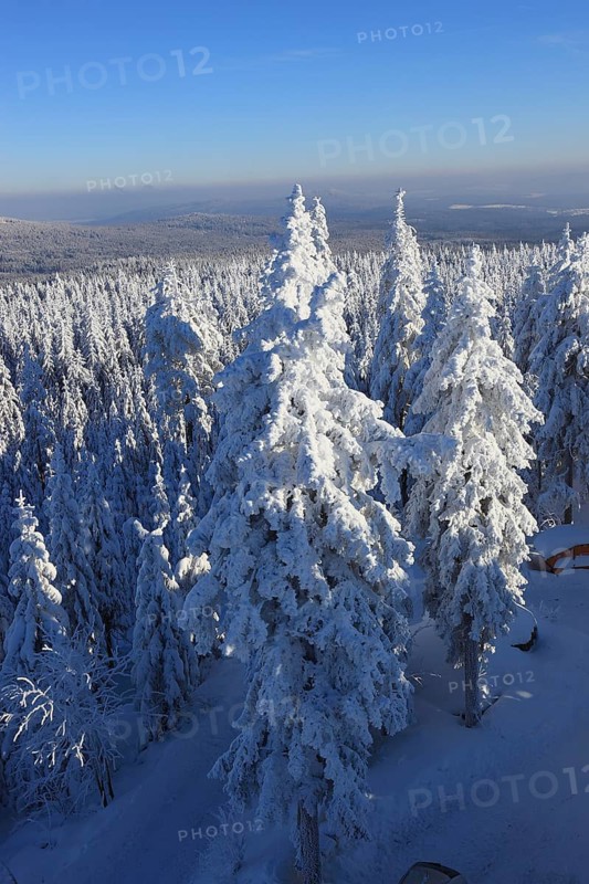 Winter landscape in the Fichtel Mountains, view from the Ochsenkopf, Bayreuth County, Upper Franconia, Bavaria, Germany, Europe