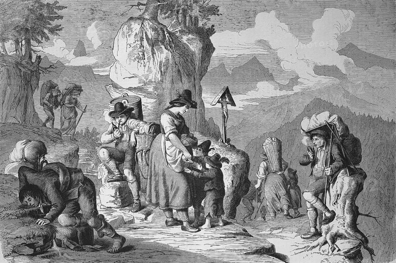 Goods carriers taking a break, on the way on an alpine pass in Tyrol in 1869, Austria, Historic, digitally restored reproduction of a 19th century original, Europe