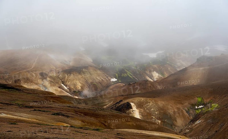 Cloudy colourful rhyolite mountains, geothermal area Hveradalir, Kerlingarfjöll, Icelandic Highlands, Iceland, Europe