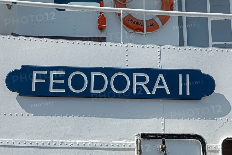 Name plate, detail, excursion ship Feodora II, Langballigau, Langballig, Schleswig-Holstein, Germany, Europe