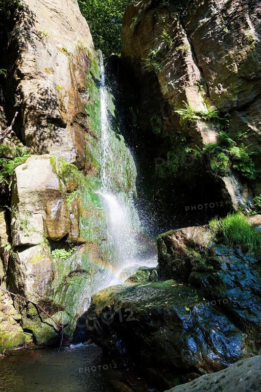 The Langenhennersdorf waterfall. Mouth of the Langenhennersdorf stream into the Gottleuba over a 9 metre high waterfall, the stream could not follow the strong deep erosion of the water-rich Gottleuba in its effect with its notch, its water falls over a rock face into the Gottleuba