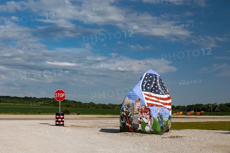 Menlo, Iowa, The Freedom Rock, painted by Ray Bubba Sorensen II to honor American military veterans. The artist is a Republican member of the Iowa House of Representatives