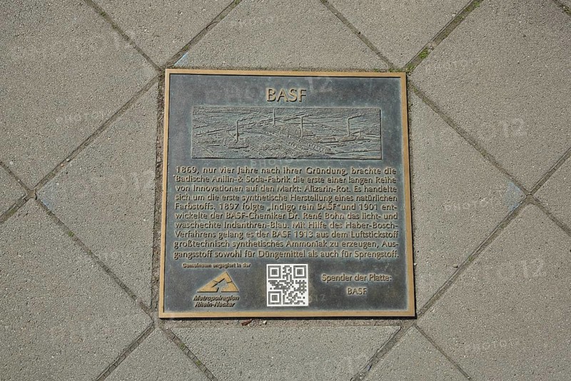 Memorial plate on the ground to BASF, history, historical, monument, text, QR code, Mannheim, Hesse, Germany, Europe