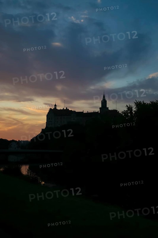 Hohenzollern Castle Sigmaringen, former princely residence and administrative centre of the Princes of Hohenzollern-Sigmaringen, city castle, architecture, historical building, west view, light mood, black silhouette, dramatic sky, Sigmaringen, Upper Swabia, Baden-Württemberg, Germany, Europe