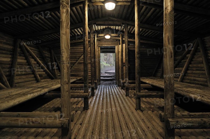 Interior of cagna, hideout of the Belgian resistance fighters, the maquisards, at the Wolfsschlucht I, Grand Quartier Général Allemand 1940, open air museum with Adolf Hitler's bunker in the forest at Brûly-de-Pesche, Ardennes, Belgium, Europe