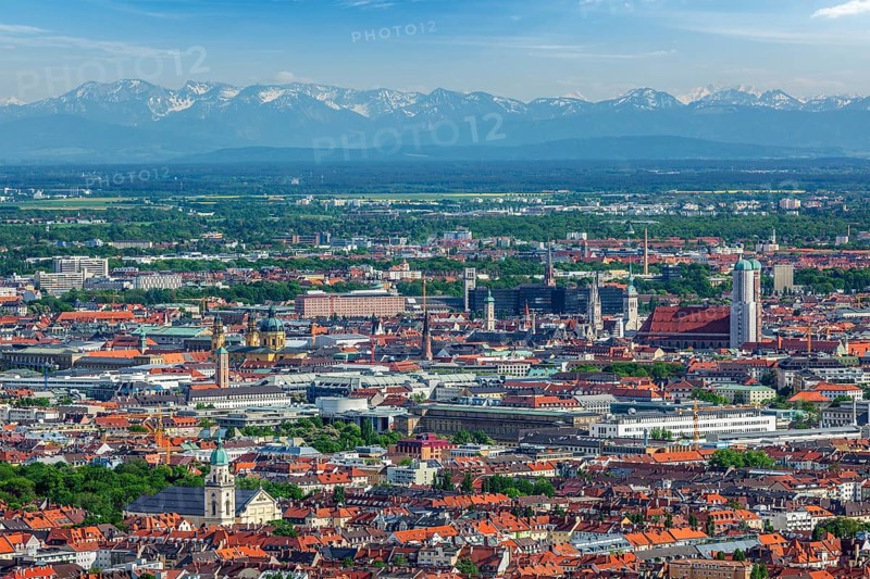 Aerial view of Munich center from Olympiaturm (Olympic Tower) . Munich, Bavaria, Germany, Europe