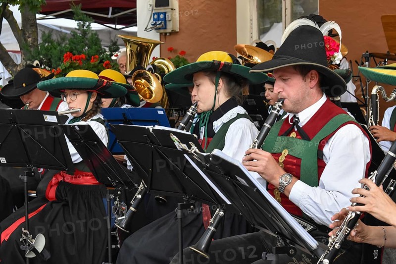 Clarinet players of the Civic Band of Sterzing in typical South Tyrolean traditional costume at a brass band concert in Sterzing, South Tyrol, Italy, Europe