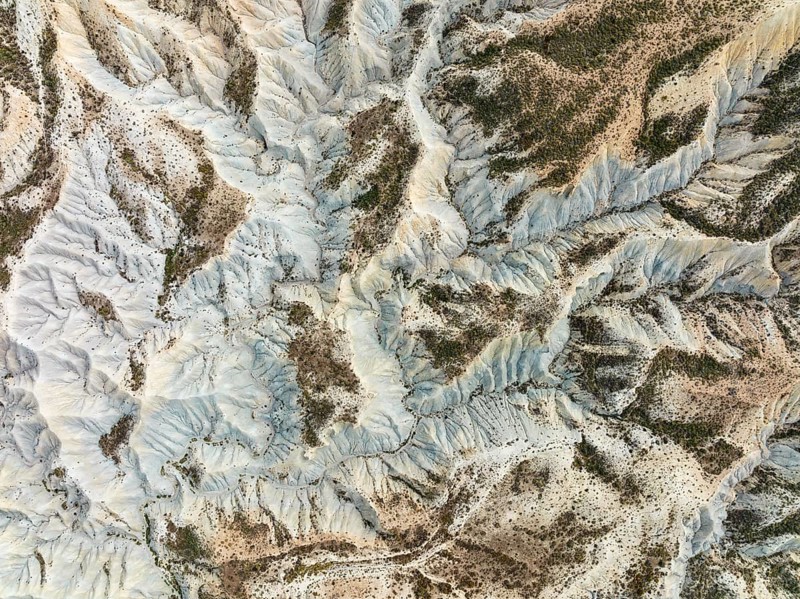Bare ridges of eroded sandstone in the badlands of the Tabernas Desert, Europe's only true desert, aerial view, drone shot, Almería province, Andalusia, Spain, Europe