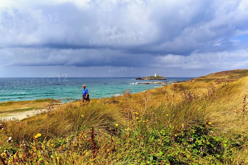 Footpath, South West Coast Path, Coastline with Godrevy Island and Lighthouse, Landscape Conservation Area, National Trust, Gwithian, St Ives Bay, Cornwall, England, United Kingdom, Europe