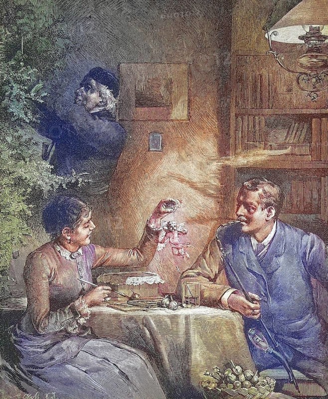 Couple preparing for Christmas Eve, the woman painting Christmas tree decorations, angel, man smoking a pipe, at home, Germany, around 1885, Historic, digitally restored reproduction from a 19th century original, Couple preparing for Christmas Eve, the woman painting Christmas tree decorations, angel, man smoking a pipe, at home, around 1885, Historic, digitally restored reproduction from a 19th century original, Europe