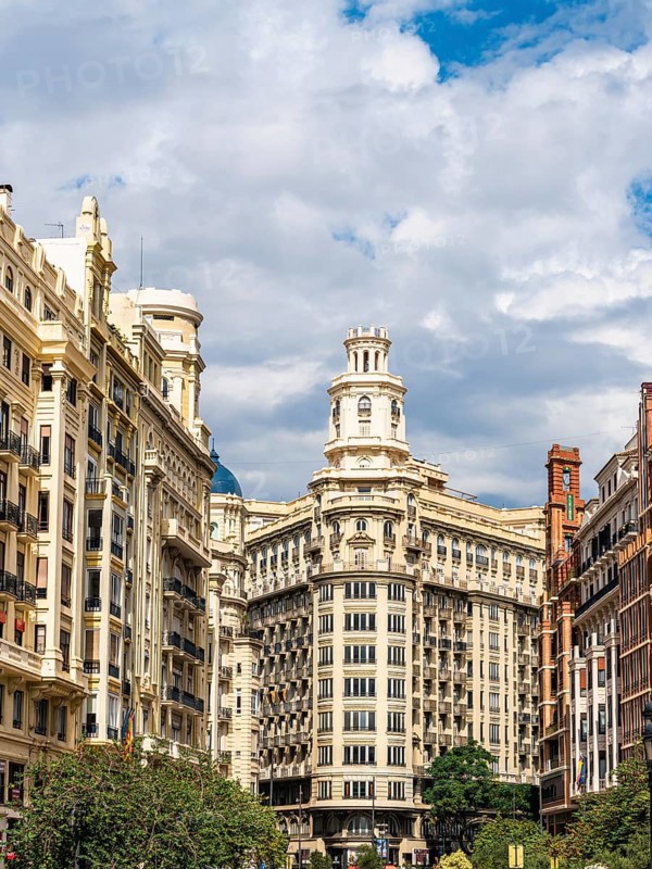 Architecture and buildings over Plaza del Ayuntamiento, Valencia, Spain, Europe