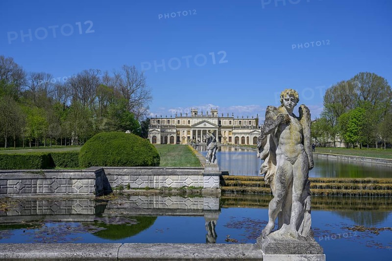 View over the reflection pool to the riding stable, Villa Pisani, Stra, Province of Venice, Italy, Europe