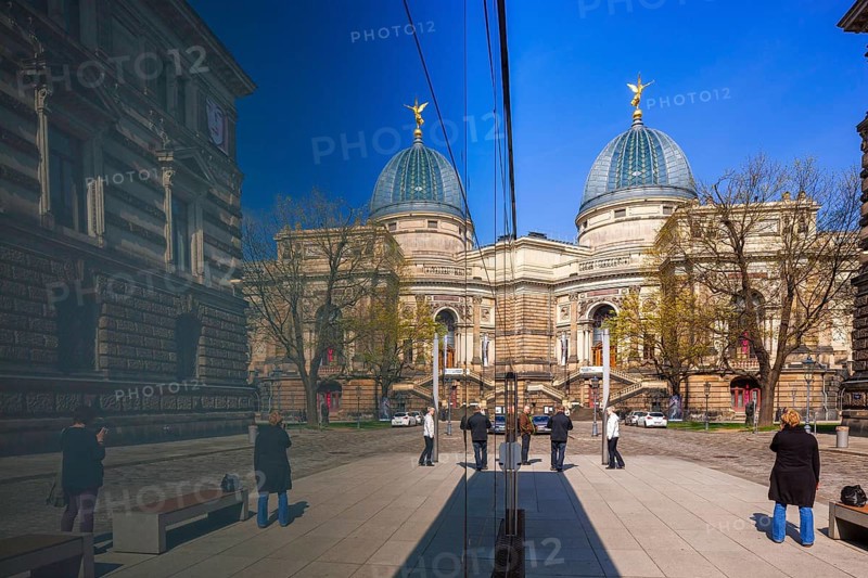 Dresden Reflection at the entrance to the underground car park on Salzgasse. The art society building with the Fama and the Albertinum are mirrored in the glass façade of the entrance to the underground car park