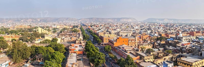 Panorama of aerial view of Jaipur (Pink city), Hawa Mahal (Palace of Winds" or â??Palace of the Breezeâ?) and Jantar Mantar observatory. Jaipur, Rajasthan, India, Asia