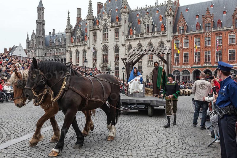 BRUGES, BELGIUM, MAY 17: Annual Procession of the Holy Blood on Ascension Day. Locals perform dramatizations of Biblical events, birth of Jesus Christ. May 17, 2012 in Bruges (Brugge), Belgium, Europe