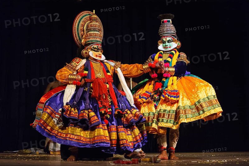 CHENNAI, INDIA, SEPTEMBER 8: Indian traditional dance drama Kathakali preformance on September 8, 2009 in Chennai, India. Performers play Krishna (pacha) and Balarama (pazhupu) characters in Ramayana