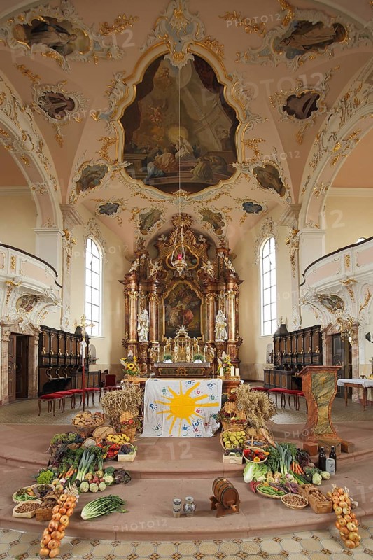 Interior view with altar of baroque magnificent St. Martin Church during harvest festival, harvest thanksgiving, harvest festival, vegetables, fruit, Christian, tradition, decoration, decorate, Riegel, Kaiserstuhl, Breisgau, Baden-Württemberg, Germany, Europe