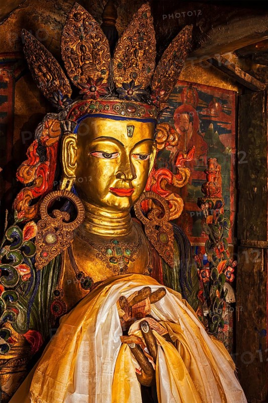 Maitreya Buddha statue close up Tibetan monastery Thiksey Gompa. Ladakh, Jammu and Kashmir, India, Asia