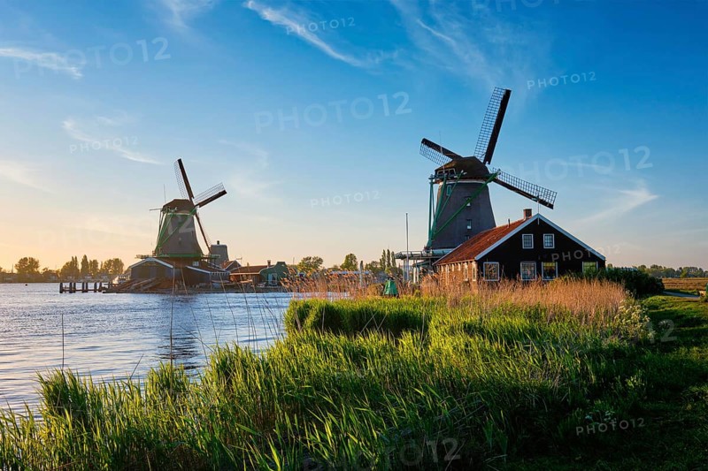 Netherlands rural lanscape Windmills at famous tourist site Zaanse Schans in Holland. Zaandam, Netherlands