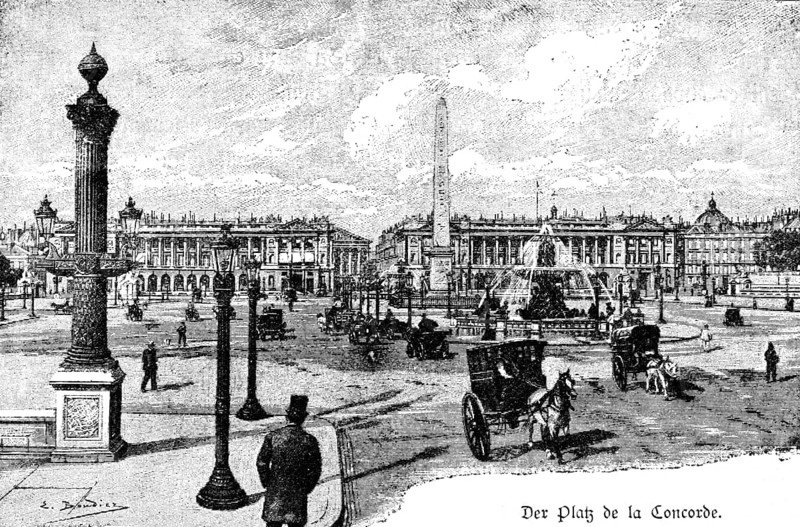 Place of Concord, Place de la Concorde, Paris, huge, central fountain, horse-drawn carriages, transport, many people, obelisk, columns, architecture, houses, France, historical illustration around 1898, Europe