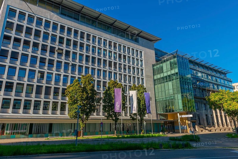 State Labour Court (left) and Stuttgart Stock Exchange (right), flags, street, trees, Stuttgart, Baden-Württemberg, Germany, Stuttgart, Baden-Württemberg, Germany, Europe