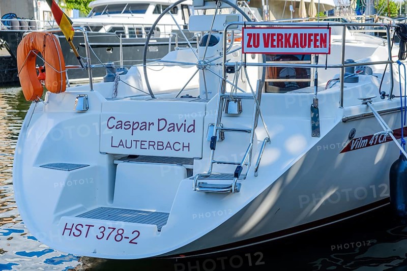 Sailing yacht with the inscription on the stern: Caspar David Lauterbach, for sale at the time of the photograph, Ferry Canal Port Hanseatic City of Stralsund, Mecklenburg-Western Pomerania, Germany, Europe