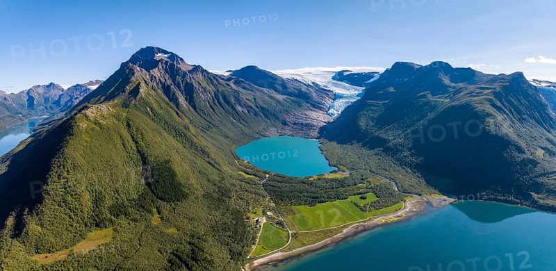 Glacier tongue of the Svartisen glacier with glacial lake and fjord, Helgeland coast, Nordland, Norway, Europe