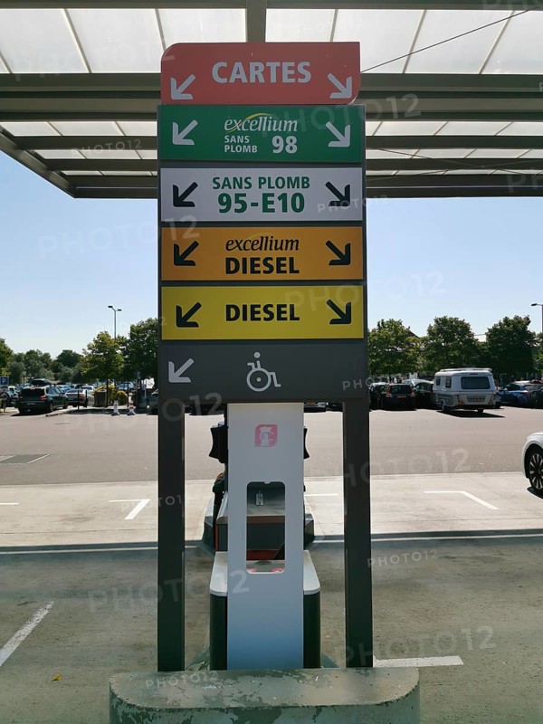Petrol station, sign indicating the different types of fuel, at a motorway service station on the A31 in France, Aire de Lorraine Sandaucourt-lès-Rappes