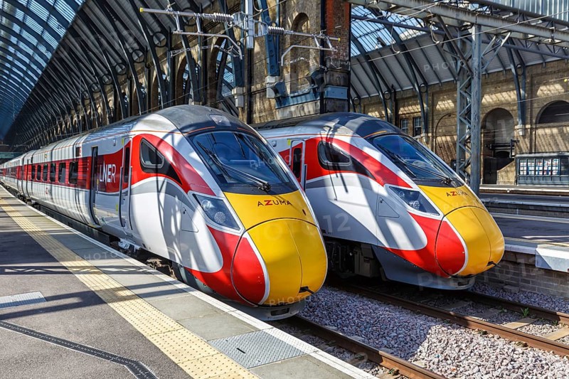 Azuma express trains of the London North Eastern Railway LNER at King's Cross station in London, Great Britain