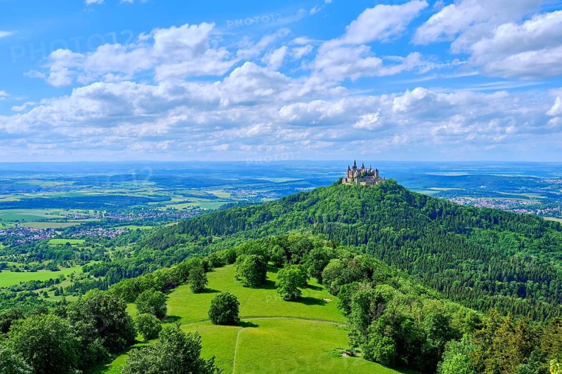 View of Hohenzollern Castle, the ancestral seat of the Hohenzollern dynasty, from the Zeller Horn on the Raichberg on the Zollernalb, Swabian Alb near Albstadt, Burladingen and Hechingen, Baden-Württemberg, Germany, Europe