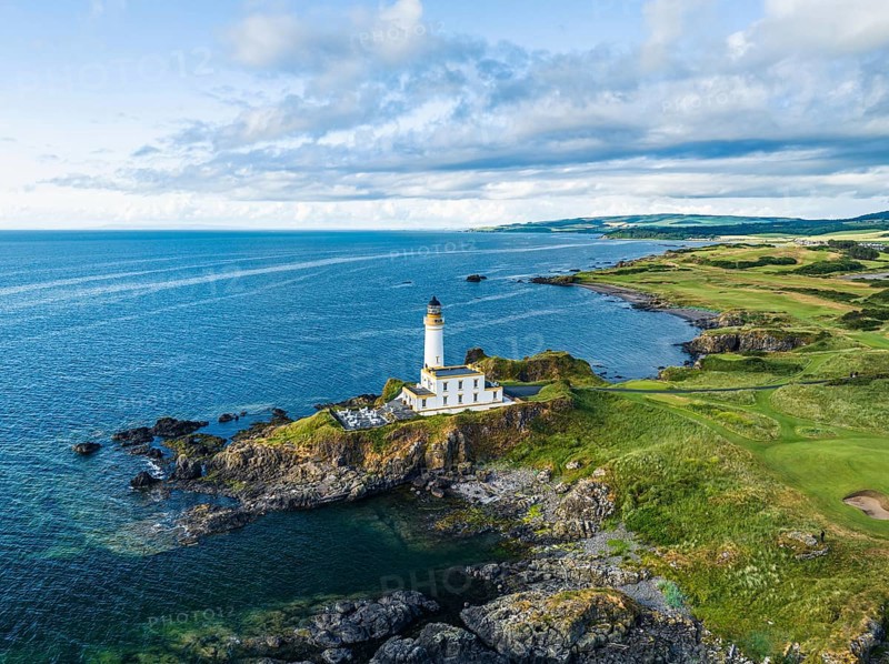 Turnberry Lighthouse from a drone, Turnberry Point Lighthouse, Trump Turnberry Golf Resort, South Ayrshire Coast, Scotland, UK