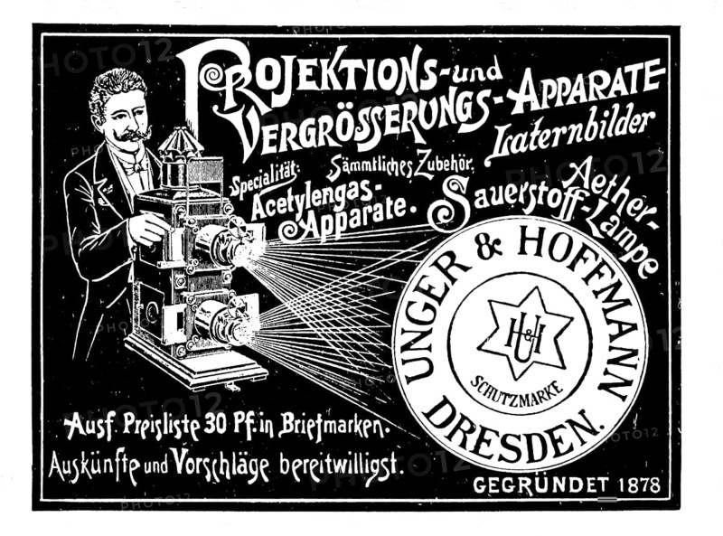 Advertisement of the company Unger und Hoffmann for projection devices and enlargers, lantern pictures and oxygen lamps, 1890, Germany, Historic, digitally restored reproduction of an original from the 19th century, exact original date not known, Europe
