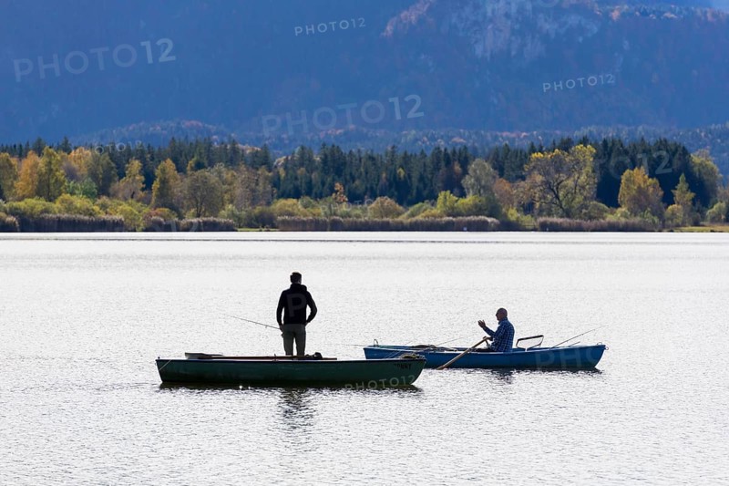 Angler at Lake Hopfensee, Hopfen am See, Ostallgäu, Bavaria, Germany, Europe
